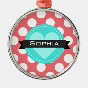 Pink White Blue Polka Dot Pattern Metal Ornament