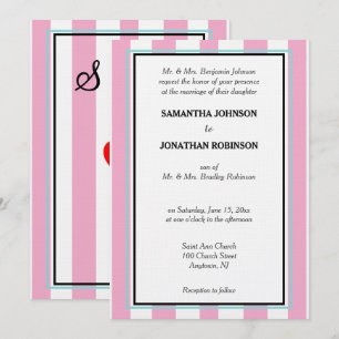 Pink White Blue Stripes Wedding Monogram Invitation