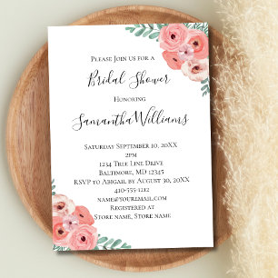 Pink White Blush Floral Greenery Bridal Shower Invitation