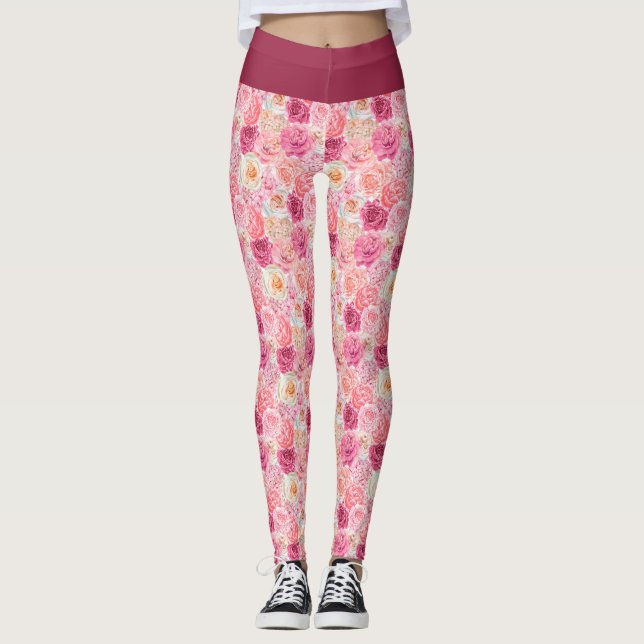 Pink White Blush Pink Magenta Floral Flowers Girly Leggings (Front)
