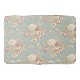 Pink White Blush Roses on Blue Background  Bath Mat
