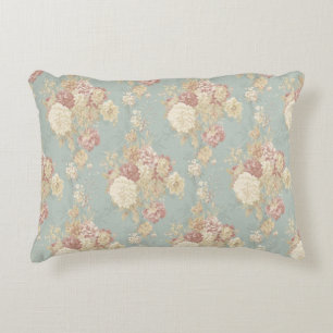 Pink White Blush Roses on Blue Background Decorative Cushion