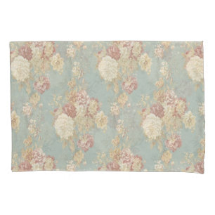 Pink White Blush Roses on Blue Background  Pillowcase