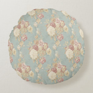Pink White Blush Roses on Blue Background   Round Cushion