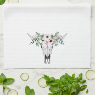 Pink White Boho Cow Head Floral Tea Towel