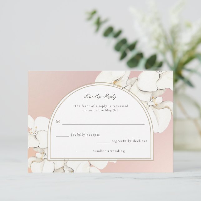 Pink White Botanical Orchid Floral Wedding RSVP Card (Standing Front)