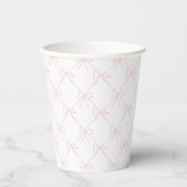 Pink & White Bow, Grandmillenial Pink Ribbon  Paper Cups (Front)
