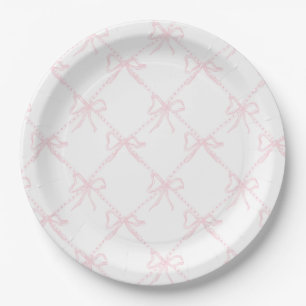 Pink & White Bow, Grandmillenial Ribbon Decor Paper Plate