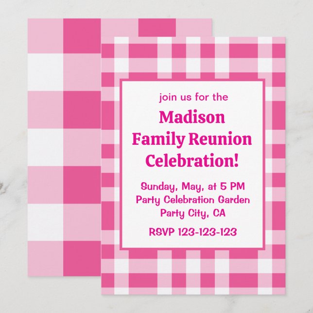 Pink White Buffalo Check Family Reunion Invitation (Front/Back)