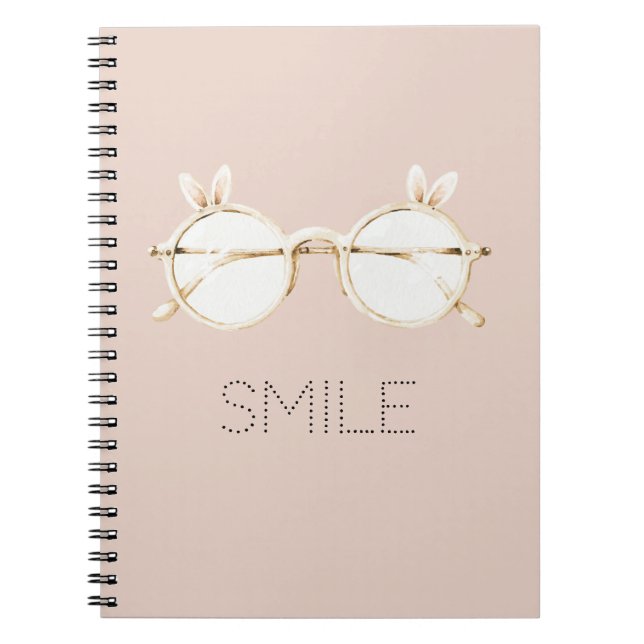 Pink White Bunny Ears Glasses Smile Notebook (Front)