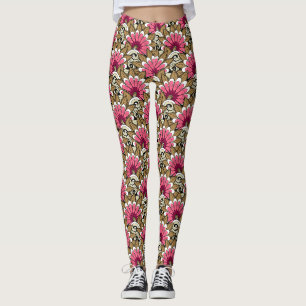 Pink White Burgundy Flowers And Swirl Brown Leggings