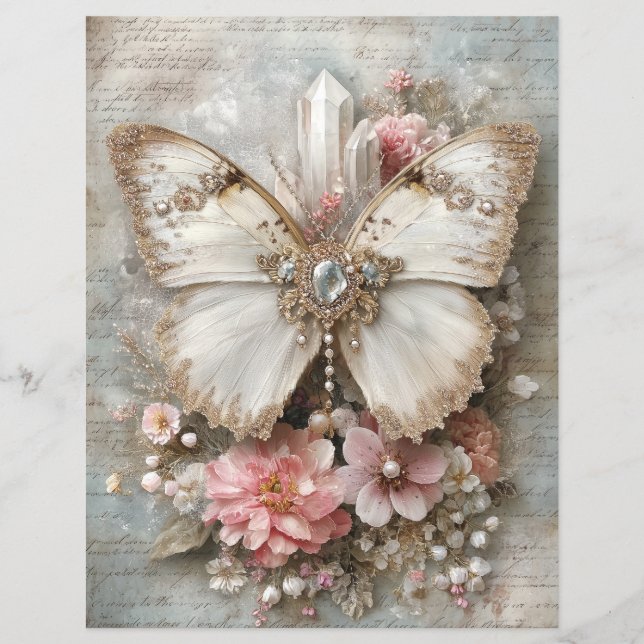 Pink White Butterfly Junk Journal Scrapbook Paper (Front)