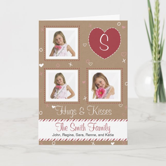 Pink White Candy Stripe, Brown Paper & Stitching Holiday Card (Front)
