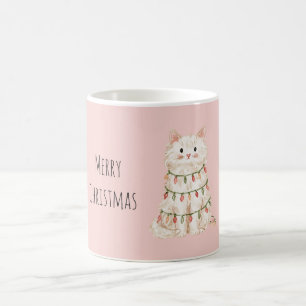 Pink White Cat Christmas Tree Lights Coffee Mug