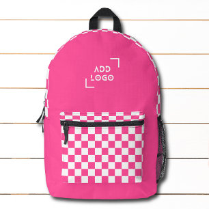 Pink White Chequerboard Check Pattern Logo Printed Backpack