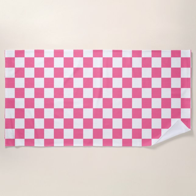 Pink White Chequered Check Pattern Beach Towel (Front)