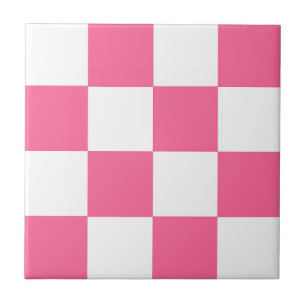 Pink White Chequered Check Pattern Ceramic Tile