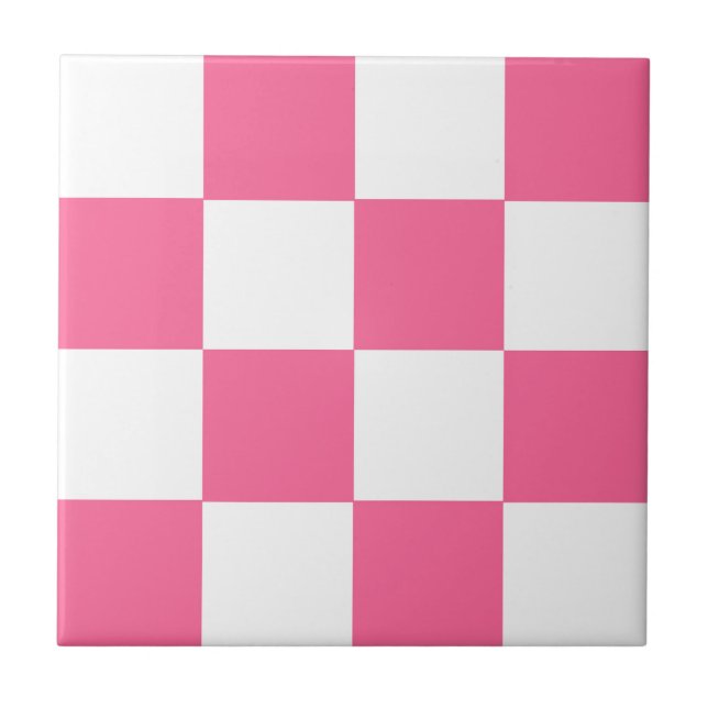 Pink White Chequered Check Pattern Ceramic Tile (Front)