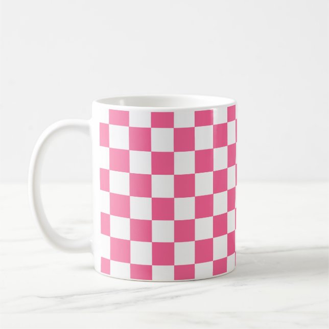 Pink White Chequered Check Pattern Coffee Mug (Left)