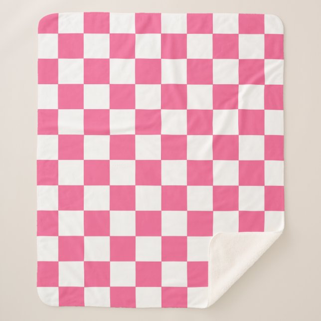 Pink White Chequered Check Pattern Sherpa Blanket (Front)
