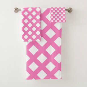Pink White Chequered Diamond Pattern Bath Towel Set