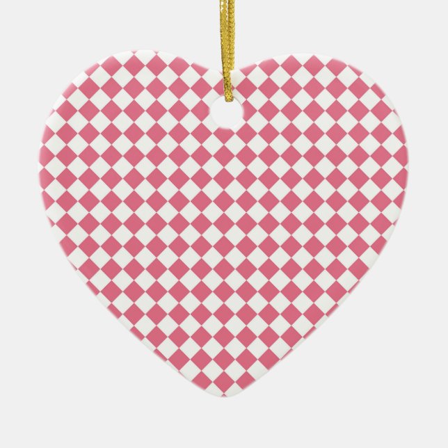 Pink White Chequered Diamond Pattern Ceramic Ornament (Front)
