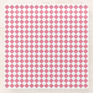 Pink White Chequered Diamond Pattern Glass Coaster