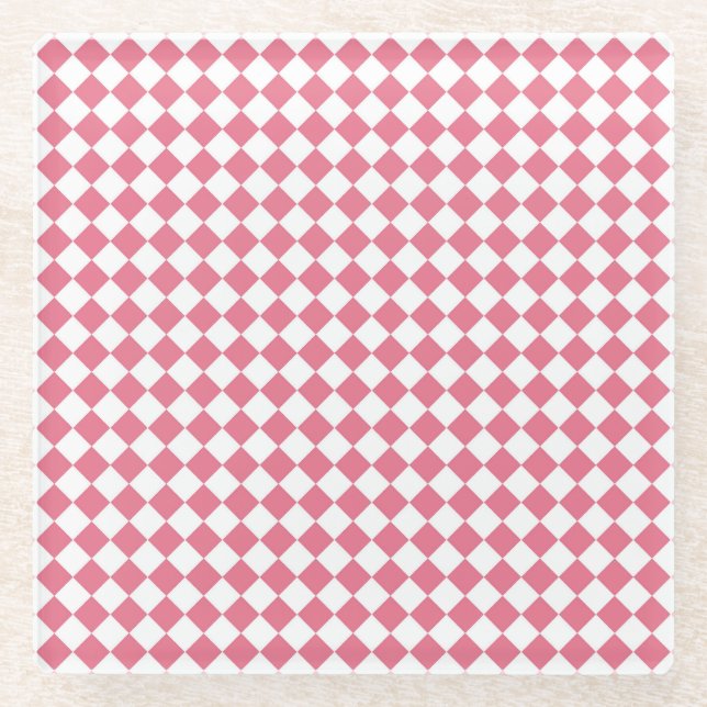 Pink White Chequered Diamond Pattern Glass Coaster (Front)