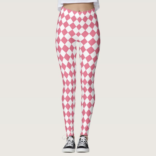 Pink White Chequered Diamond Pattern Leggings (Front)