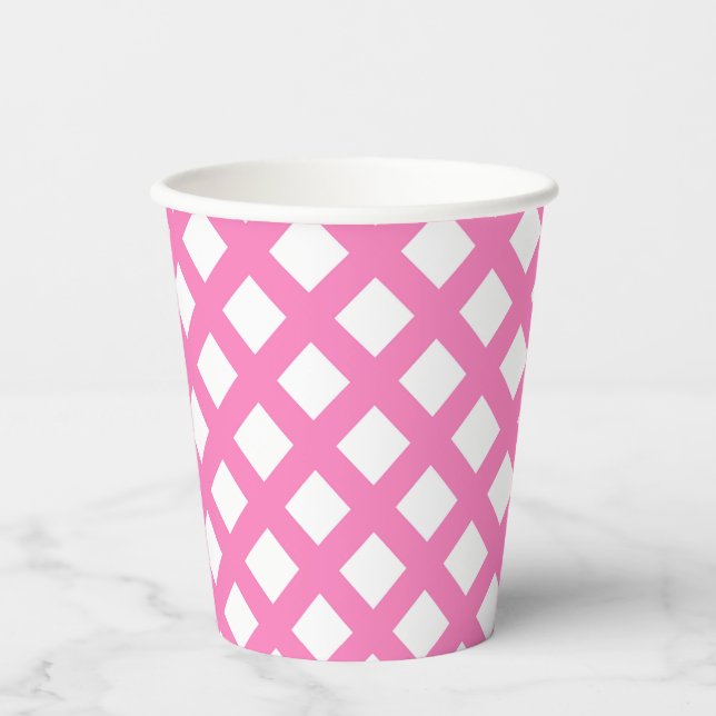 Pink White Chequered Diamond Pattern Paper Cups (Front)