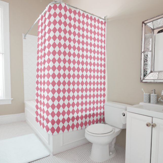 Pink White Chequered Diamond Pattern Shower Curtain (In Situ)