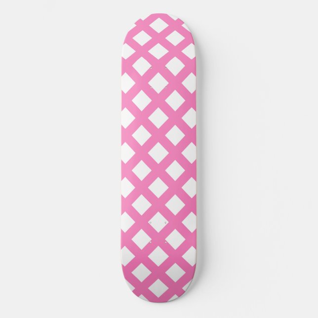 Pink White Chequered Diamond Pattern Skateboard (Front)