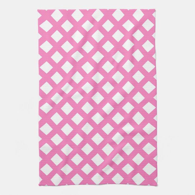 Pink White Chequered Diamond Pattern Tea Towel (Vertical)