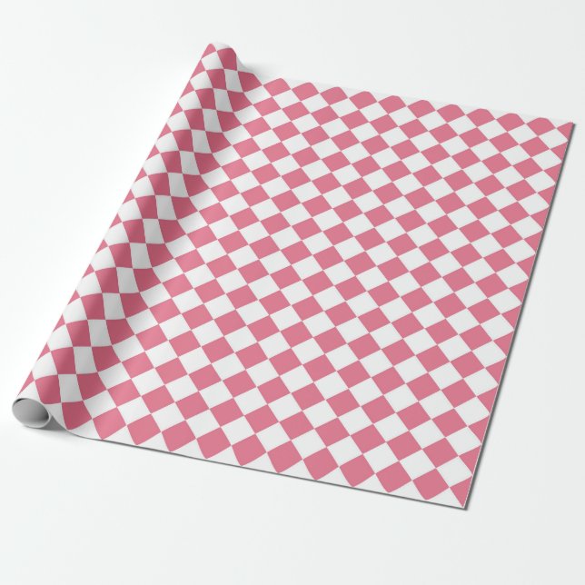 Pink White Chequered Diamond Pattern Wrapping Paper (Unrolled)