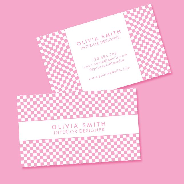 Pink White Chequered Modern Business Card (Creator Uploaded)