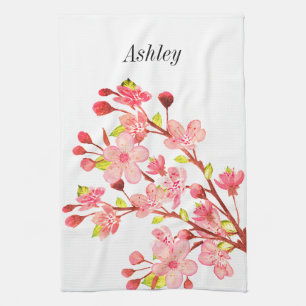 Pink White Cherry Blossom Flowers Chic Tea Towel