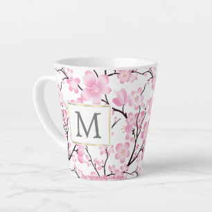 pink white cherry blossom initial customisable mug
