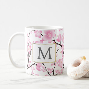 pink white cherry blossom initial customisable mug