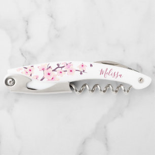 Pink White Cherry Blossoms Monogram Corkscrew