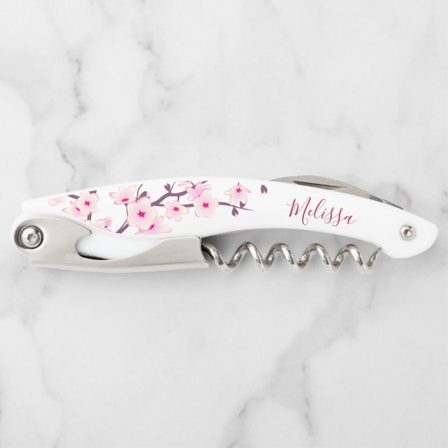 Pink White Cherry Blossoms Monogram Corkscrew (Front)