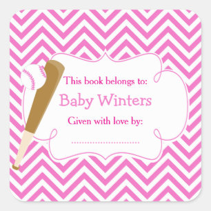 Pink/White Chevron Baseball Baby Shower Bookplate Square Sticker