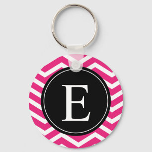 Pink White Chevron Black Monogram Key Ring