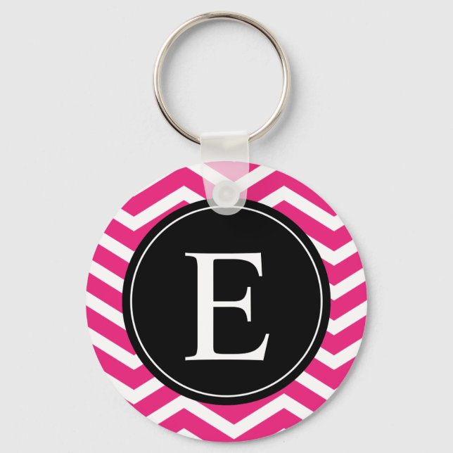 Pink White Chevron Black Monogram Key Ring (Front)