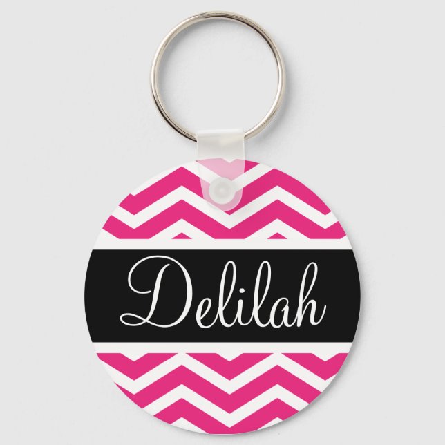 Pink White Chevron Black Name Key Ring (Front)