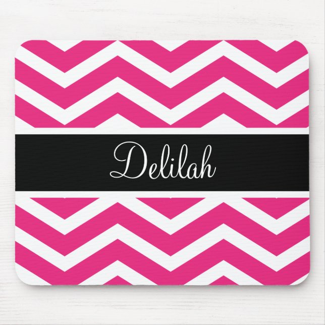 Pink White Chevron Black Name Mouse Pad (Front)