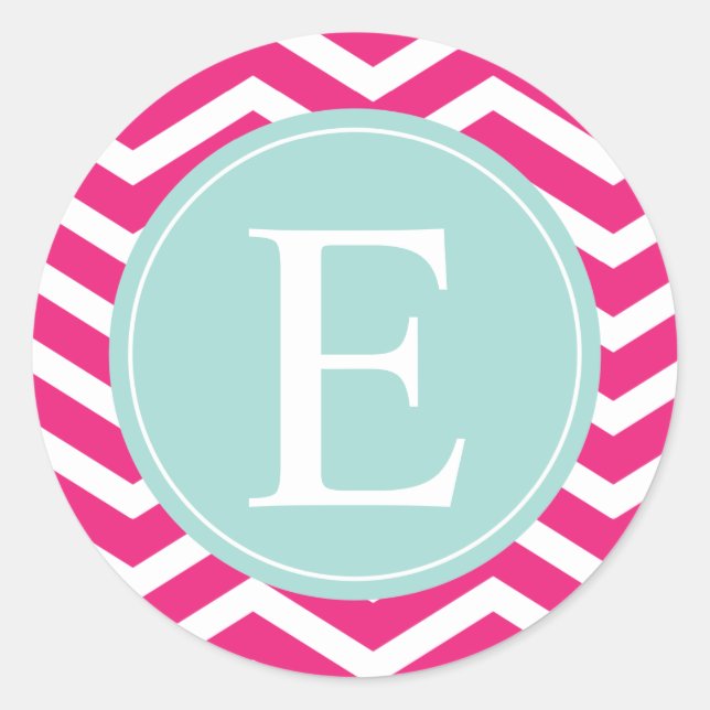 Pink White Chevron Mint Teal Monogram Classic Round Sticker (Front)