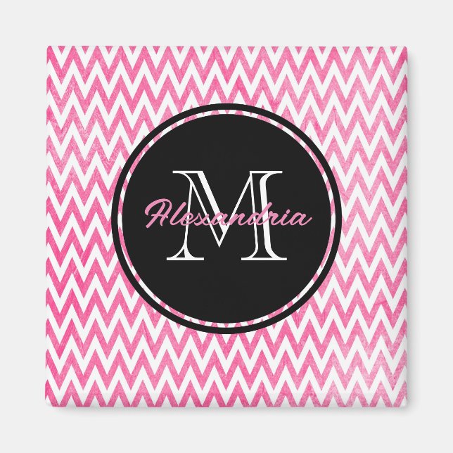 Pink White Chevron Monogram Magnet (Front)