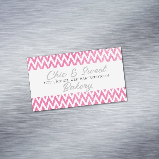 Pink White Chevron Monogram Magnetic Business Card (In Situ)