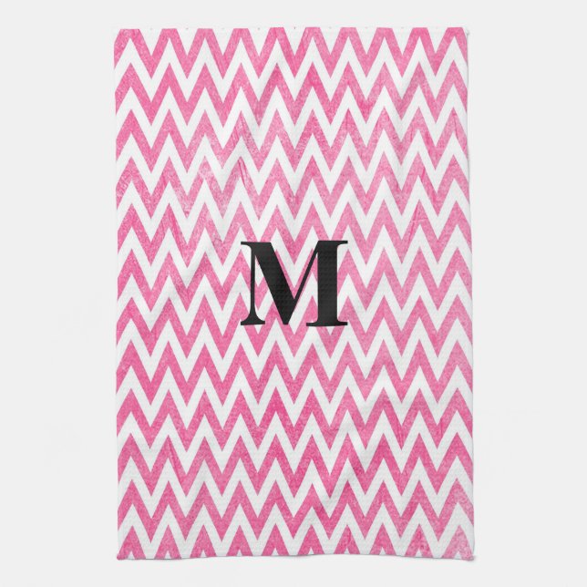 Pink White Chevron Monogram Tea Towel (Vertical)