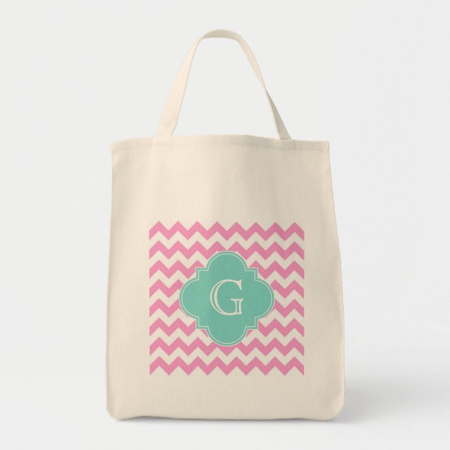 Pink White Chevron Zigzag Aqua Quatrefoil Monogram Tote Bag (Front)